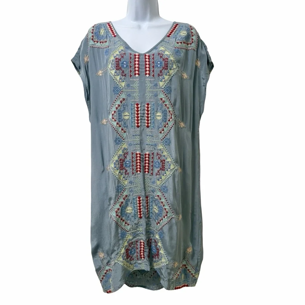 Sundance Womens Embroidered Viscose Shift Mini Dress Size L Blue Bohemian Boho - Picture 1 of 8